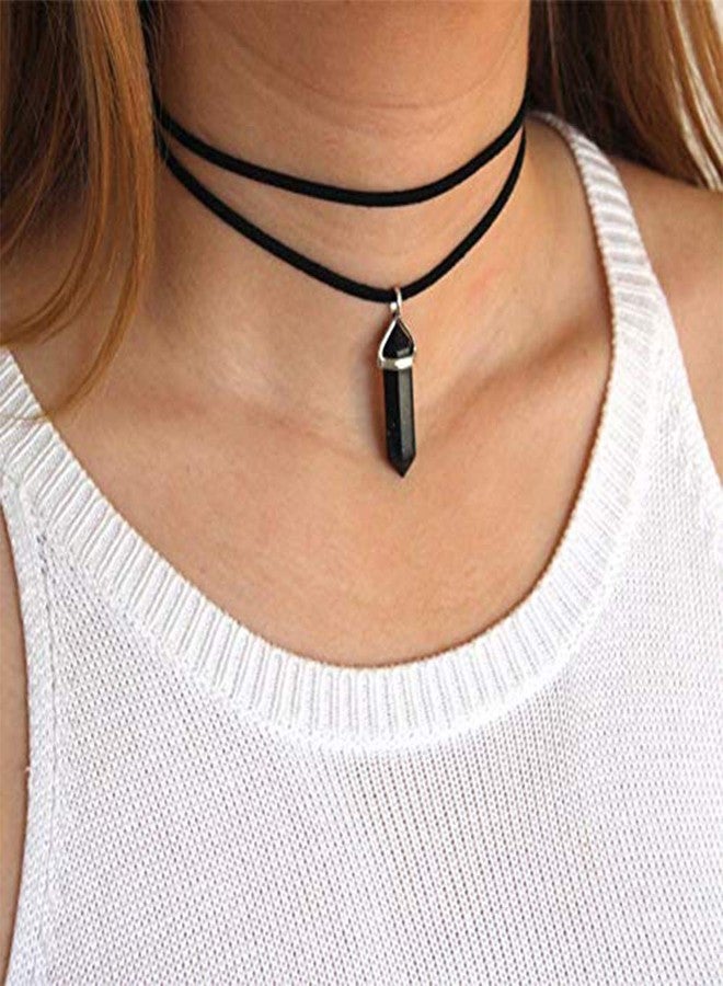 Aimimier Layered Choker Necklace Crystal Choker Chakra Suede Choker Hexagonal Gemstone Pendant Necklace Bohemia Jewelry for Women(Black) - Image 1