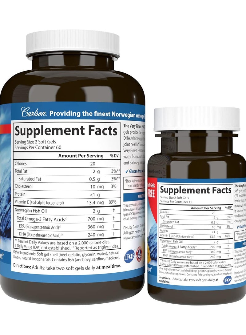 Carlson The Very Finest Fish Oil, 700 mg Omega-3s, Lemon, 120+30 Softgels - Image 2