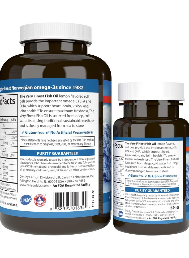 Carlson The Very Finest Fish Oil, 700 mg Omega-3s, Lemon, 120+30 Softgels - Image 3