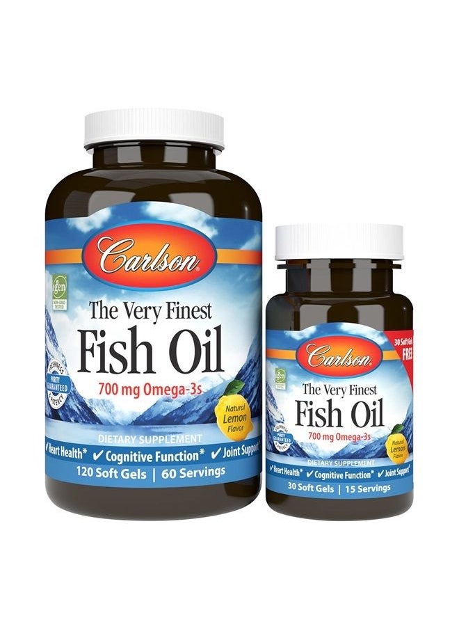 Carlson - The Very Finest Fish Oil, 700 mg Omega-3s, Lemon, 120+30 Softgels - Image 1