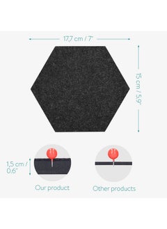 Navaris Hexagon Felt Board Tiles Set Of 6 Notice Memo Bulletin Boards With Push Pins Pack 5.9 X 7 Inches (15 X 17.7 Cm) Dark Grey  - Image 5