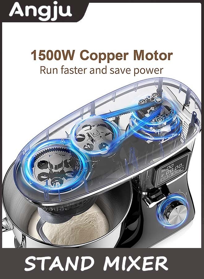 انججو خلاط الوقوف ، خلاط العجينة الكهربائية 1500W مع توقيت شاشة LCD 6 سرعات ، خلاط الأغذية ذات الرأس الميل مع وعاء الفولاذ المقاوم للصدأ 5.5L ، خطاف العجينة ، ضارب مسطح ، جلد ، كشط ، غطاء مقابل الرش (أسود) - Image 5