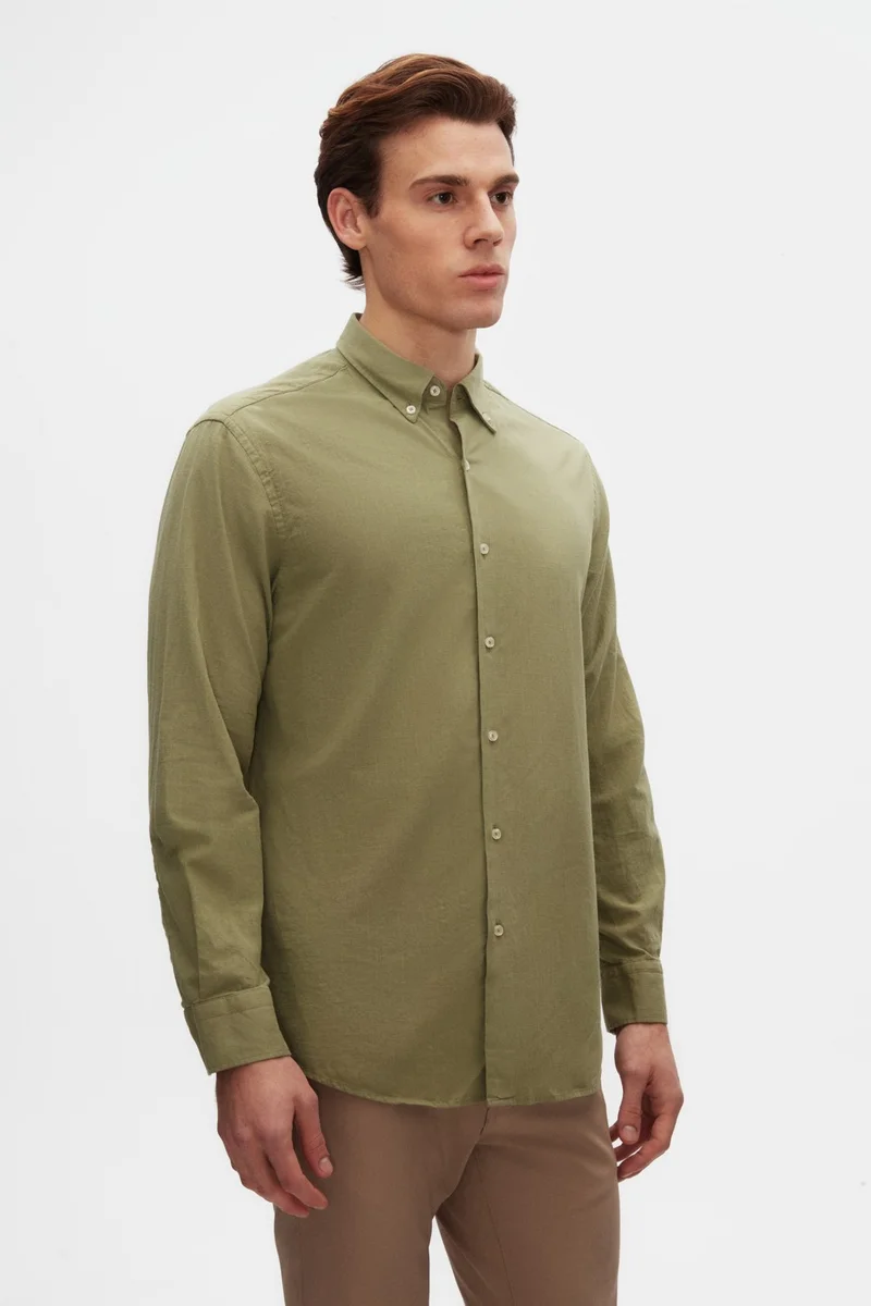 دي أس دامات D'S Groom Ds Groom Comfort Green Button-down Collar Relaxed Cut Linen Look Cotton Shirt 2HC02ORT64265