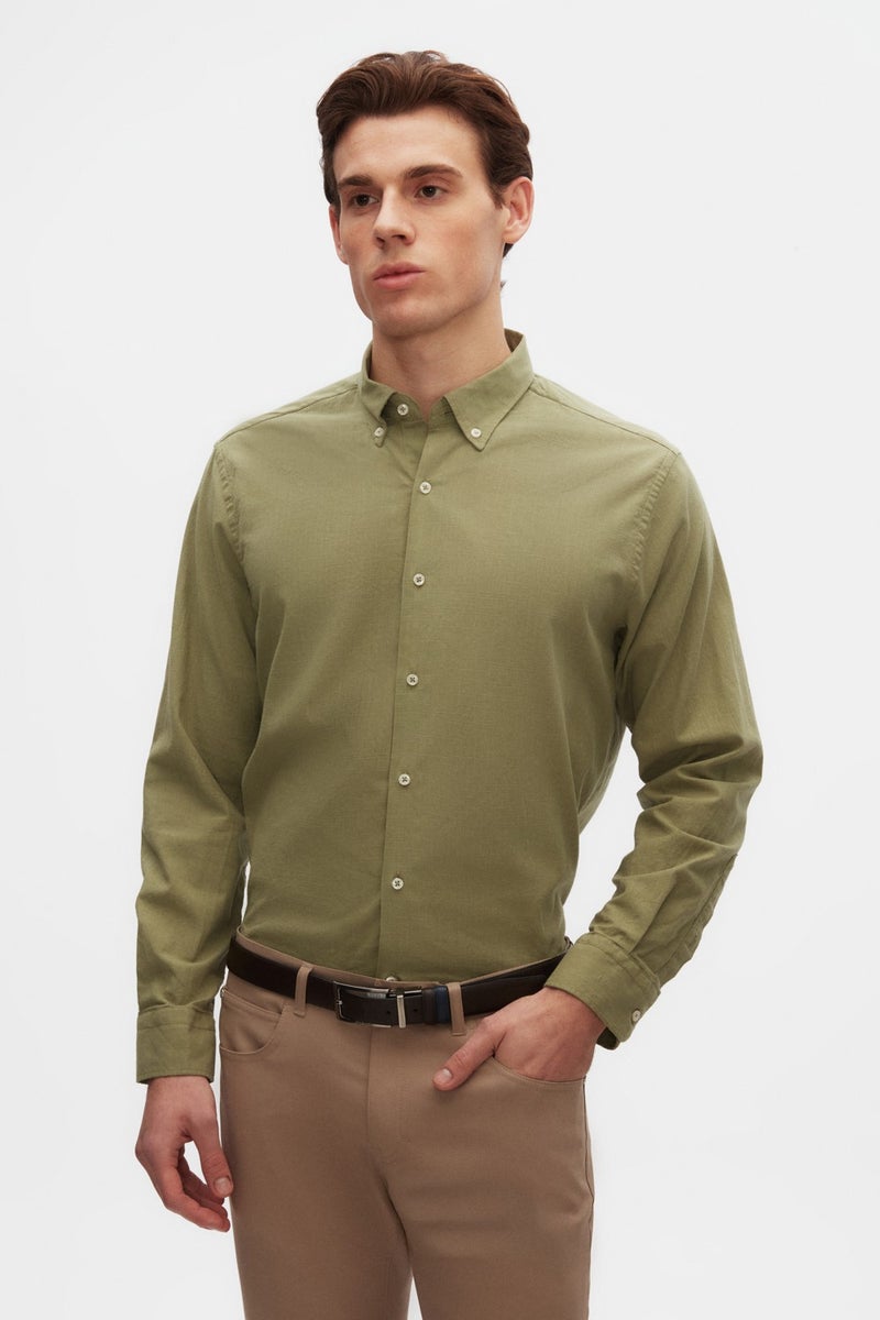 D'S DAMAT D'S Groom Ds Groom Comfort Green Button-down Collar Relaxed Cut Linen Look Cotton Shirt 2HC02ORT64265 - Image 1