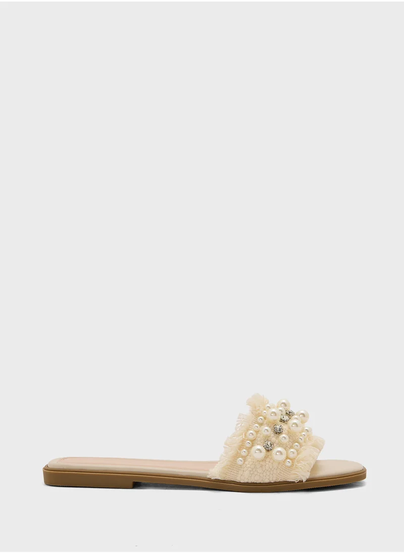 Truffle Pearl And Diamante Detail Flat Sandal