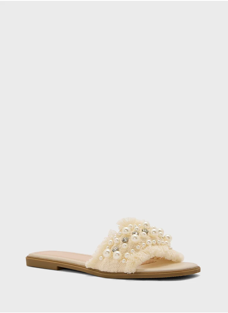 Truffle Pearl And Diamante Detail Flat Sandal