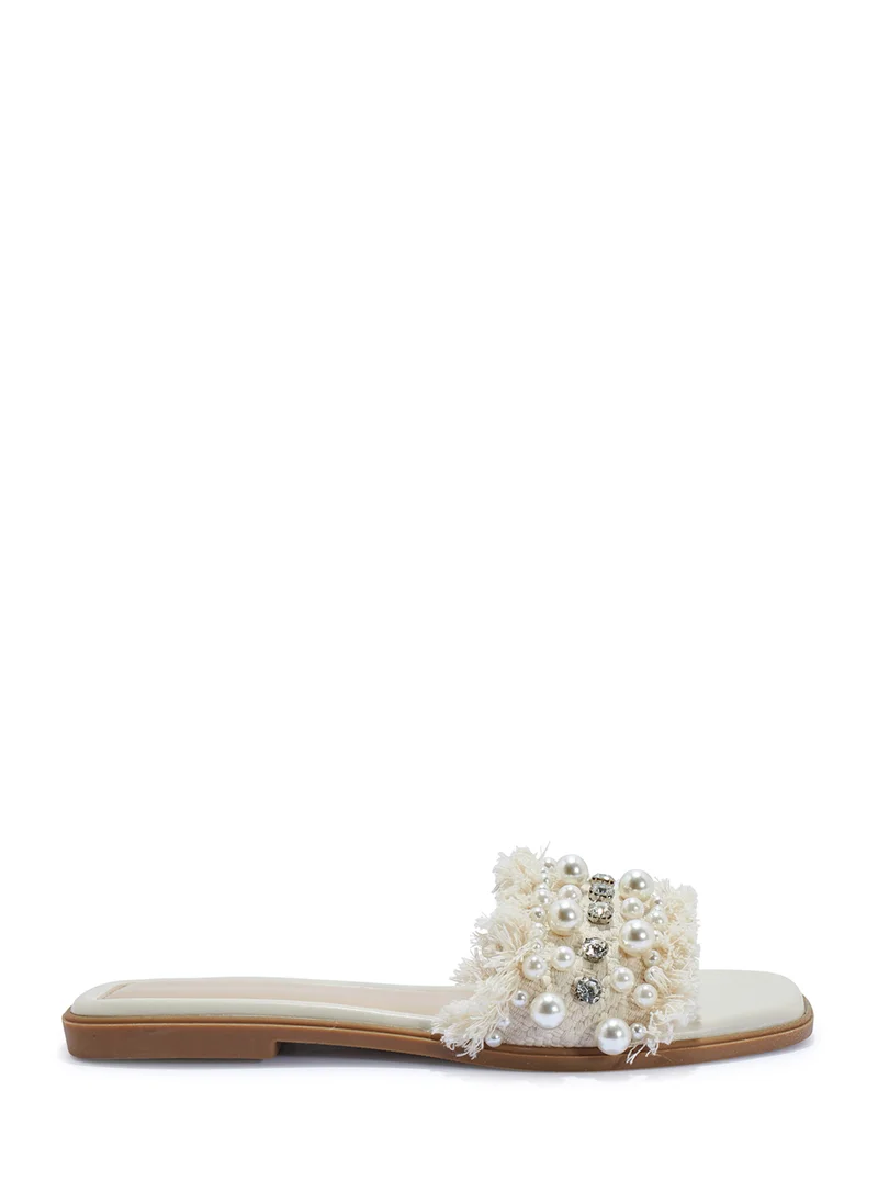 Truffle Pearl And Diamante Detail Flat Sandal