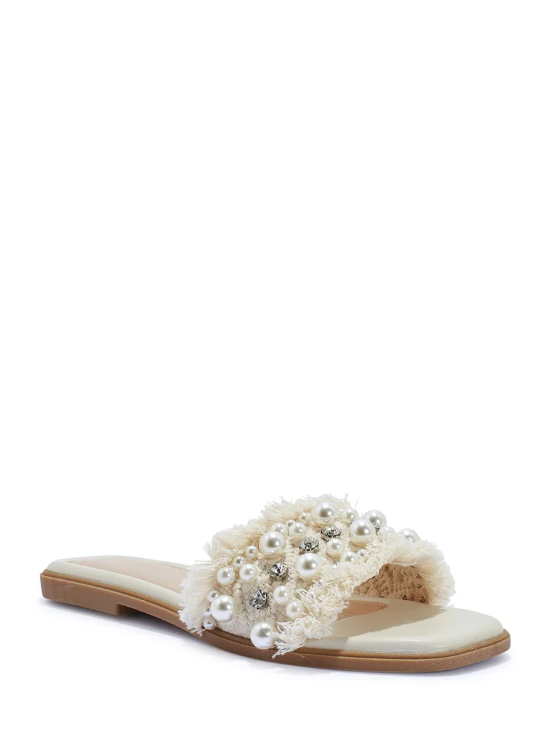 Truffle Pearl And Diamante Detail Flat Sandal