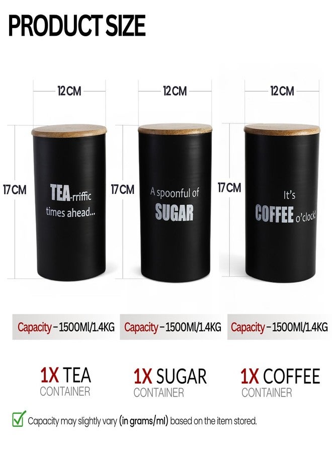 VarEesha Ardura Black Metal Airtight Tea, Coffee & Sugar Containers With Wooden Lid Set of 3, 1500Ml Each | 100% Food Grade Storage Box For Kitchen | Durable, Compact And Stackable, 1.4KG - Image 2