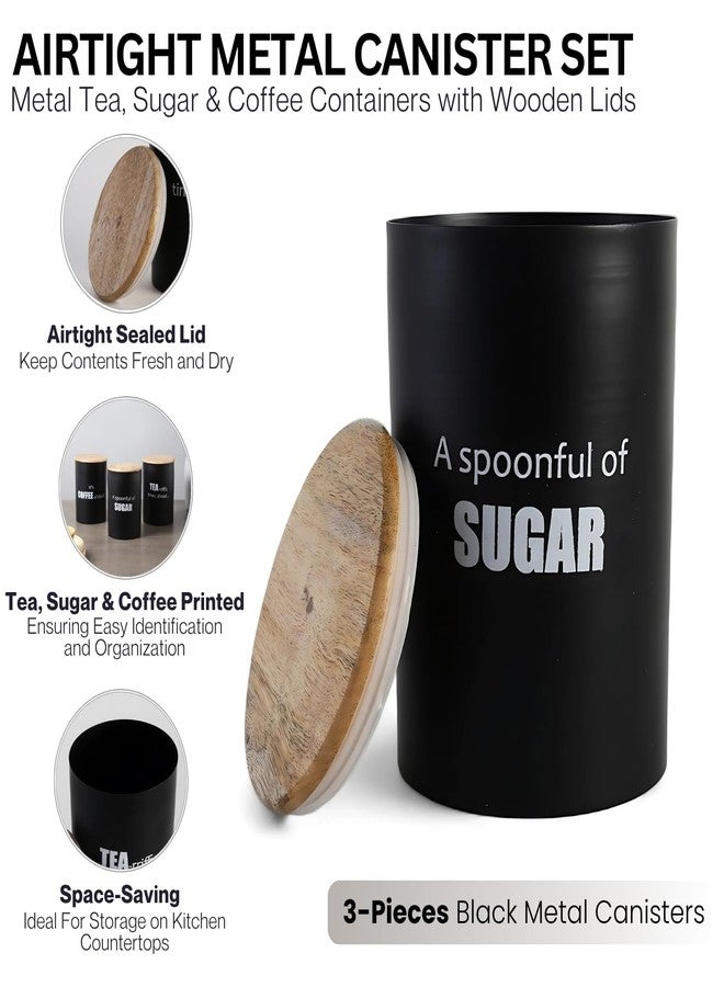 VarEesha Ardura Black Metal Airtight Tea, Coffee & Sugar Containers With Wooden Lid Set of 3, 1500Ml Each | 100% Food Grade Storage Box For Kitchen | Durable, Compact And Stackable, 1.4KG - Image 3