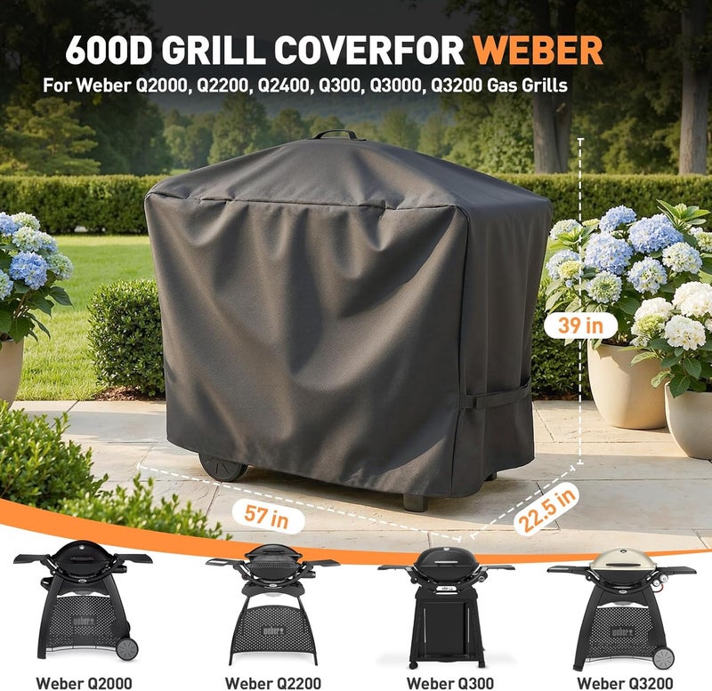 غطاء للشواية بقياس 5.7 بوصة، مناسب لأجهزة شواء Weber Q2000، Q2200، Q2400، Q300، Q3000، Q3200؛ غطاء مقاوم للتلاشي ومقاوم للماء، مثالي لاستخدامات الشواء الخارجي. - Image 2