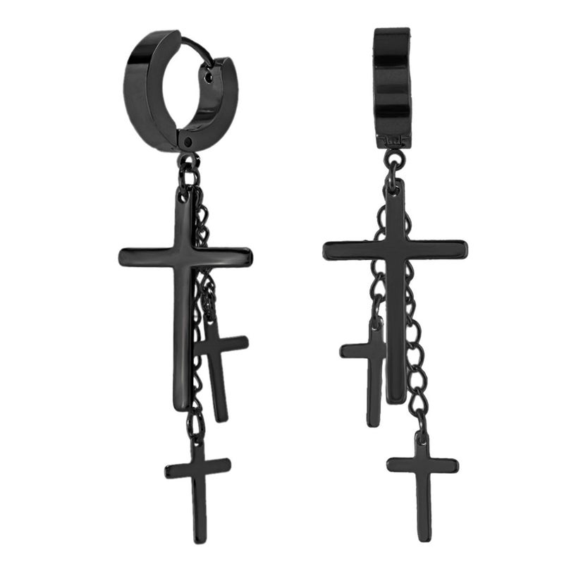 Charisma 80s Gothic Earring Cross Earrings for Men Dangle Hinged Hoop Huggie Earrings Stainless Steel 1 Pair, Black IP Plated Color
