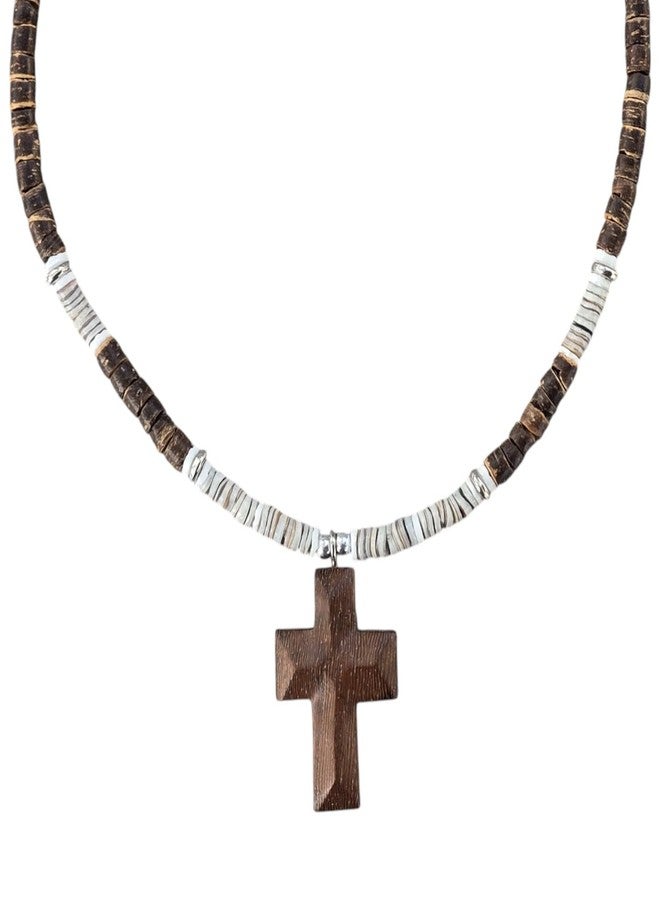 BlueRica Wood Cross Pendant on Coconut Beads and Puka Shell Accents Necklace (Brown + Grey) - Image 1