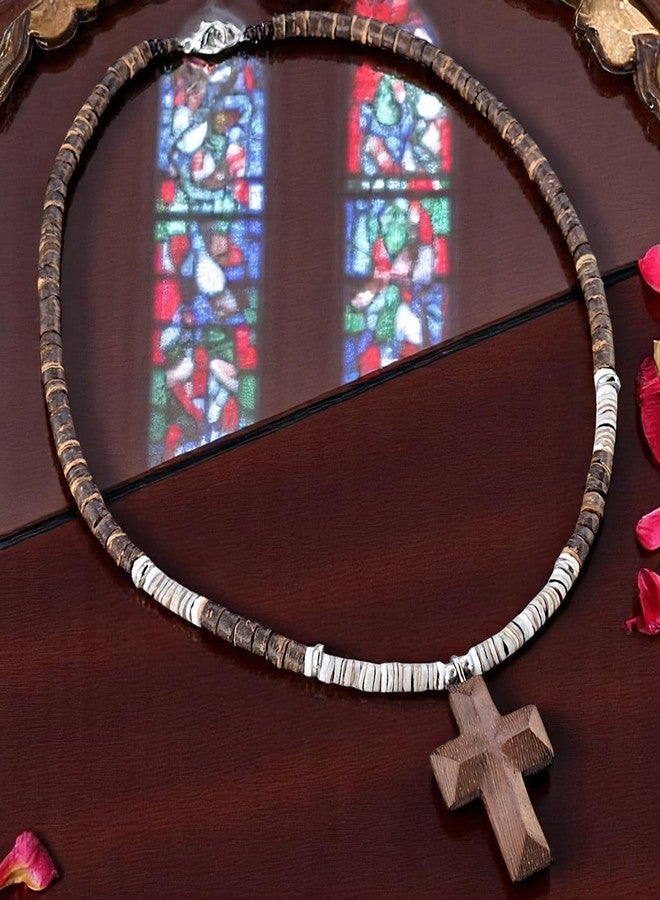 BlueRica Wood Cross Pendant on Coconut Beads and Puka Shell Accents Necklace (Brown + Grey) - Image 5