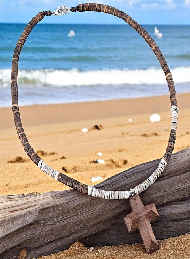 BlueRica Wood Cross Pendant on Coconut Beads and Puka Shell Accents Necklace (Brown + Grey) - Image 3
