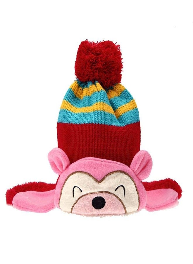 Malvina Fashion Baby Winter Warm Cap Hat Cartoon Monkey Striped Ball Ear Caps (Pink) - Image 1
