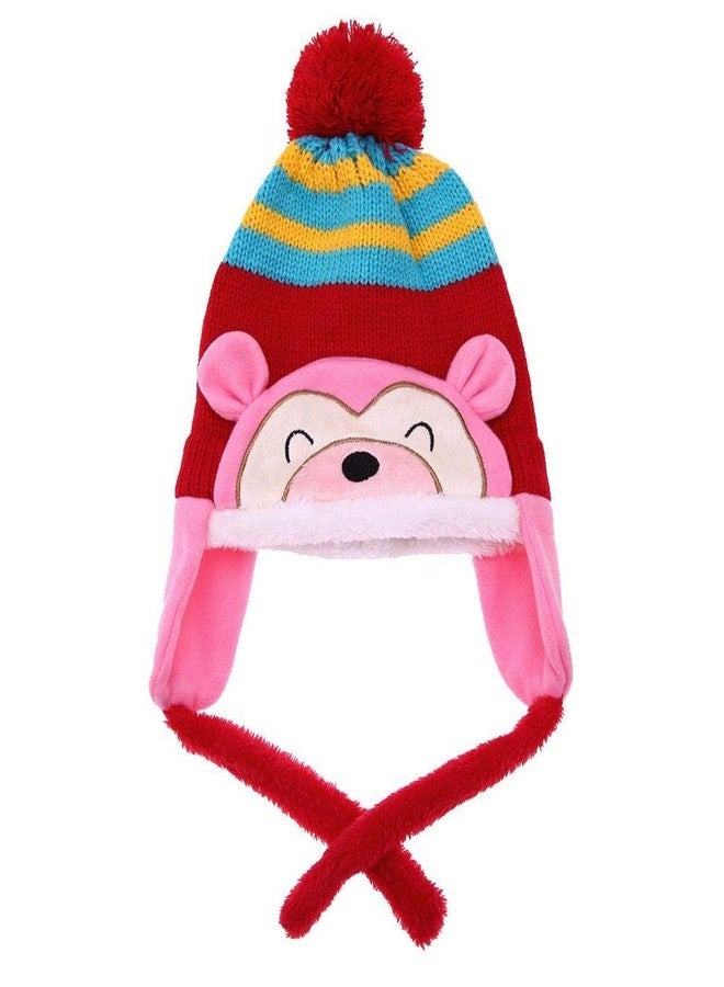 Malvina Fashion Baby Winter Warm Cap Hat Cartoon Monkey Striped Ball Ear Caps (Pink) - Image 2