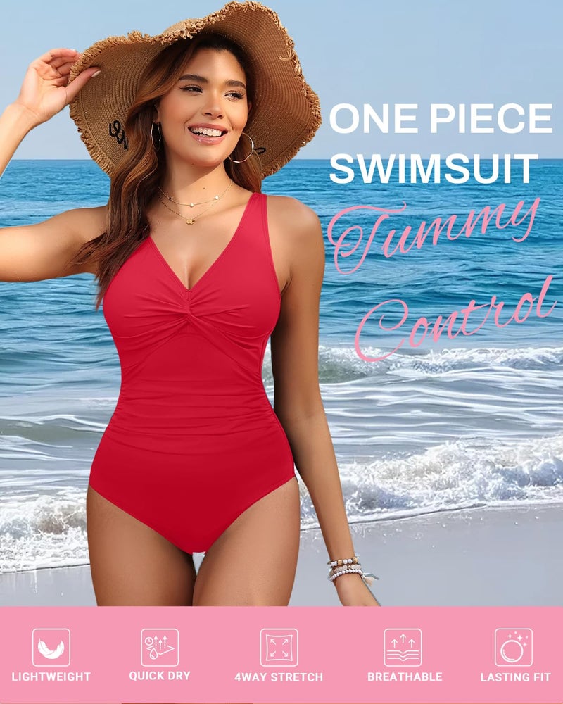 Holipick Red Women Tummy Control One Piece Swimsuit - Push Up Bathing Suit Full Coverage Slimming Swimwear L - Image 4