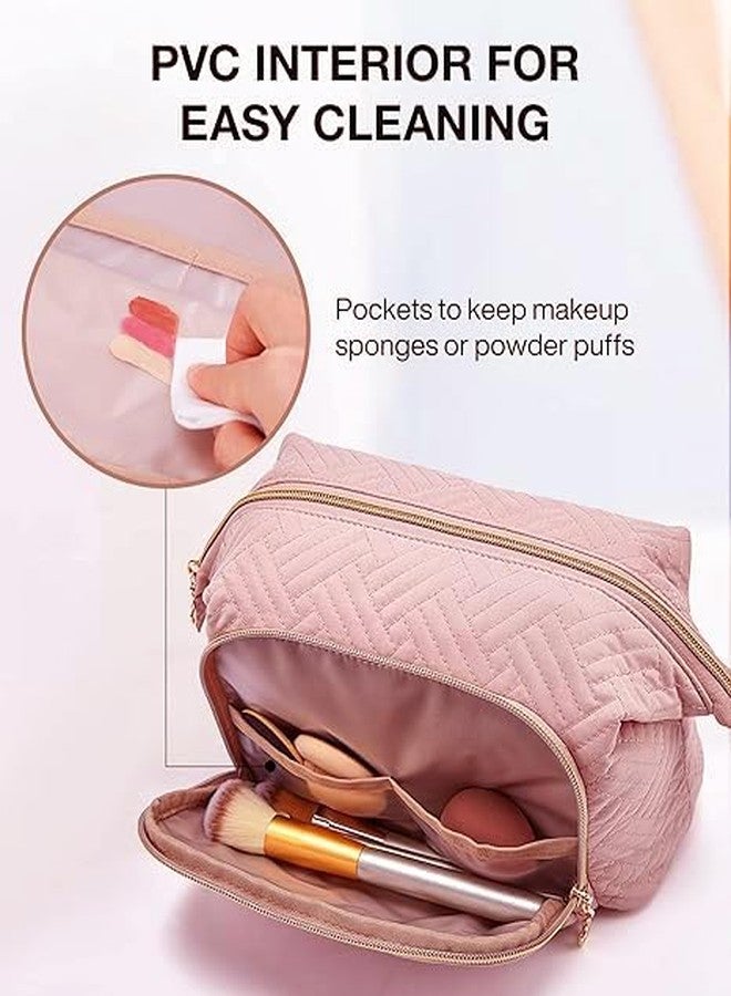 Lyrovo Polyester Travel Makeup Bag Cosmetic Bag Make Up Organizer Case Large Wide-Open Pouch for Women Purse for Toiletries Accessories Brushes (LY-136-COB-PINK, Baby Pink) - Image 5