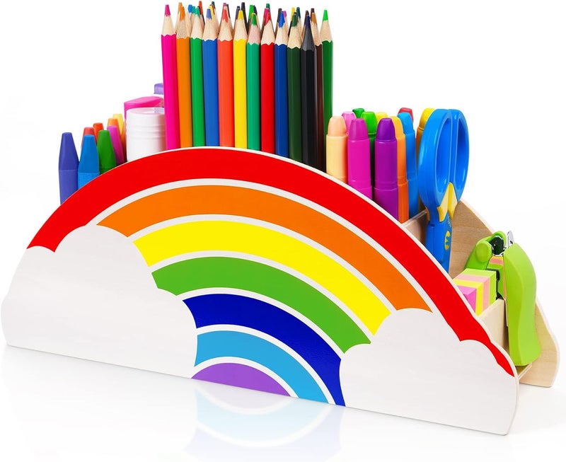 Gamenote Wooden Pen Holder & Pencil Holders - Rainbow Supply Caddy Desk Organizer Desk Tidy for Office Supplies Makeup Brush Classroom Organization for Women & Kids - Image 1