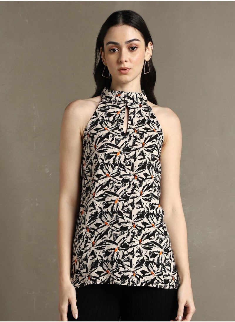 Women's Black Bubble Crepe Printed Regular Fit Tops