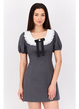 Women Solid Mini Causal Dress, Grey