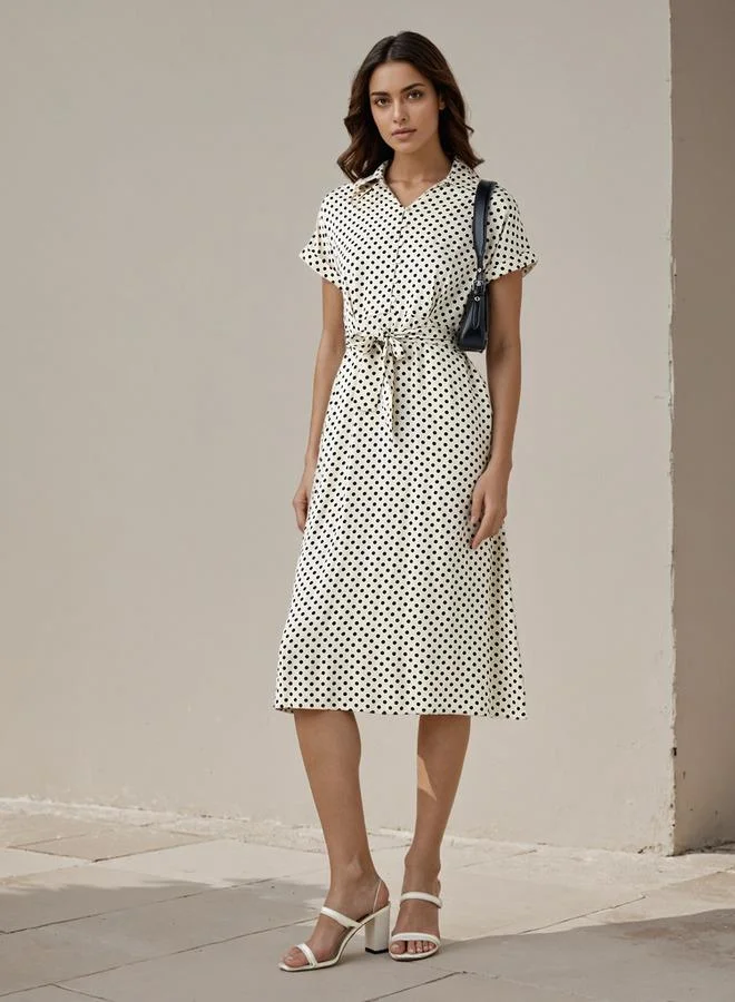 سبلاش فيڤ Polka Dot Print A-line Women Dress with Waist Tie-Up Rayon