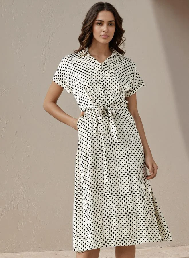 سبلاش فيڤ Polka Dot Print A-line Women Dress with Waist Tie-Up Rayon
