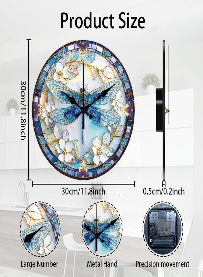CHGCRAFT Dragonfly Wall Clock Non-Ticking Clock 12 Inch Round Decorative Clocks Printed Wall Clocks for Home Office Decoration - Image 2