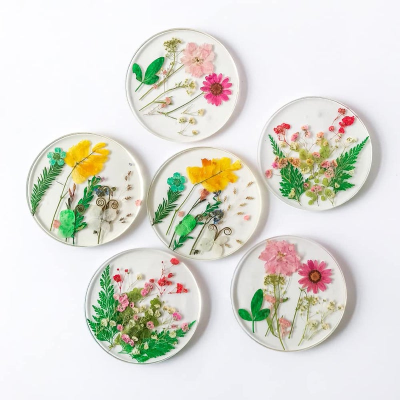 fanhuashijn Floral Coasters for Drinks Handmade Resin Coasters Tabletop Protection Cup Mat Round Coaster Set with Real Flower for Women Coffee Table Home Decor Set of 6 