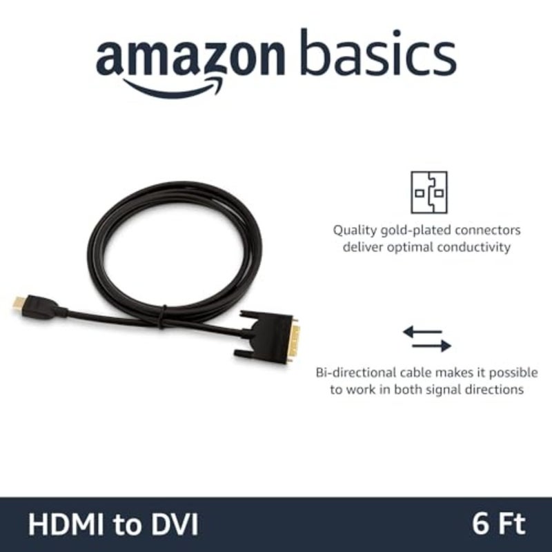 كابل محول HDMI إلى DVI، ثنائي الاتجاه 1080 بكسل، مطلي بالذهب، أسود، 6 أقدام 2 متر، حزمة واحدة - Image 2