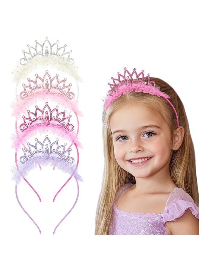 Oaoleer 4 PCS Princess Crown Headbands for Girls, Rhinestone Tulle Hairbands for Girls Toddler Tiara Crown Hair Accessories for Birthday, Party, Proms - Image 1