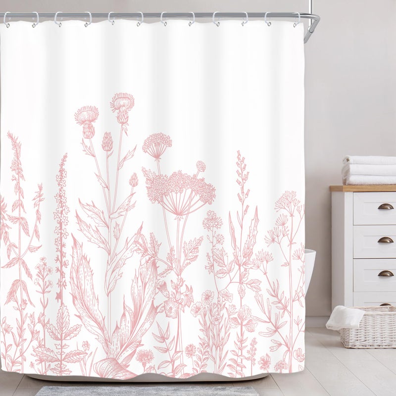 Riyidecor Pink Floral Wildflower Shower Curtain for Bathroom Decor 60Wx72H Girls Rustic Flower Botanical Farm Plant Leaves Herbs Nature Art Printed Fabric Polyester Waterproof 12 Pack Plastic Hooks - Image 2