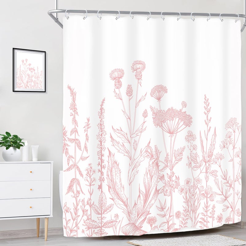 Riyidecor Pink Floral Wildflower Shower Curtain for Bathroom Decor 60Wx72H Girls Rustic Flower Botanical Farm Plant Leaves Herbs Nature Art Printed Fabric Polyester Waterproof 12 Pack Plastic Hooks - Image 3