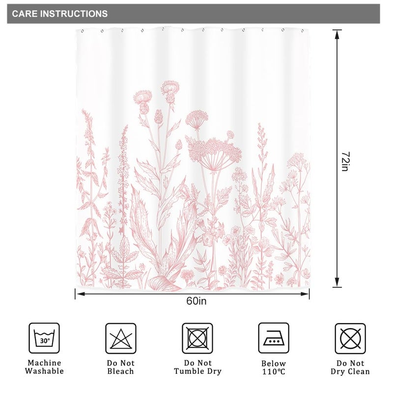 Riyidecor Pink Floral Wildflower Shower Curtain for Bathroom Decor 60Wx72H Girls Rustic Flower Botanical Farm Plant Leaves Herbs Nature Art Printed Fabric Polyester Waterproof 12 Pack Plastic Hooks - Image 5