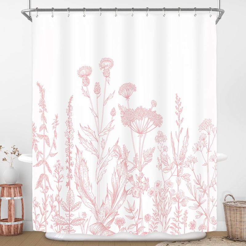 Riyidecor Pink Floral Wildflower Shower Curtain for Bathroom Decor 60Wx72H Girls Rustic Flower Botanical Farm Plant Leaves Herbs Nature Art Printed Fabric Polyester Waterproof 12 Pack Plastic Hooks - Image 1