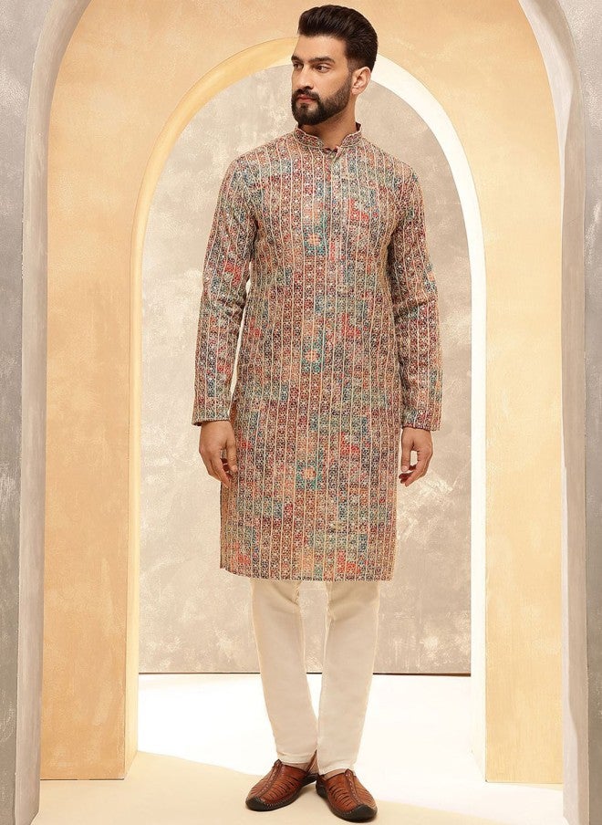Sojanya Floral Embroidered Cotton Silk Kurta With Pyjamas For Men - Image 1