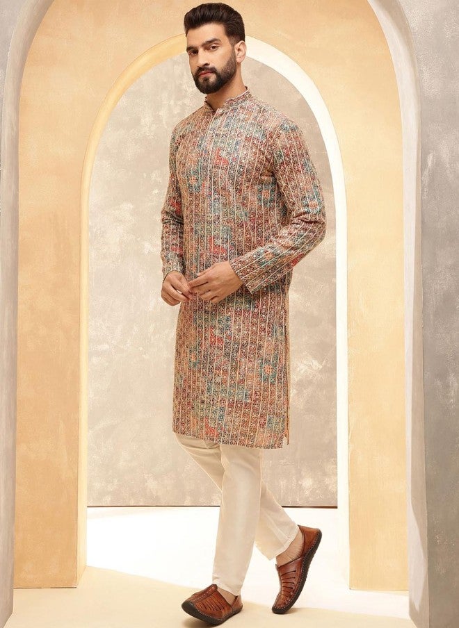 Sojanya Floral Embroidered Cotton Silk Kurta With Pyjamas For Men - Image 4