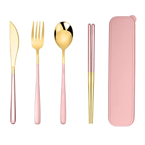 Iktu Premium Gold Plated 304 Stainless Steel Knife Fork Spoon Chopstick Set Flatware Dinnerware Cutlery Tableware Set (Pink) - Image 1