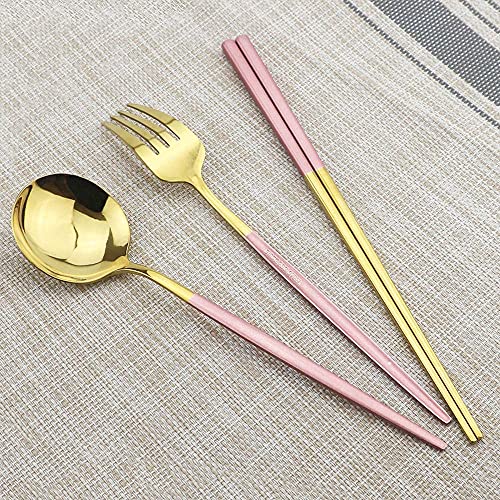 Iktu Premium Gold Plated 304 Stainless Steel Knife Fork Spoon Chopstick Set Flatware Dinnerware Cutlery Tableware Set (Pink) - Image 3