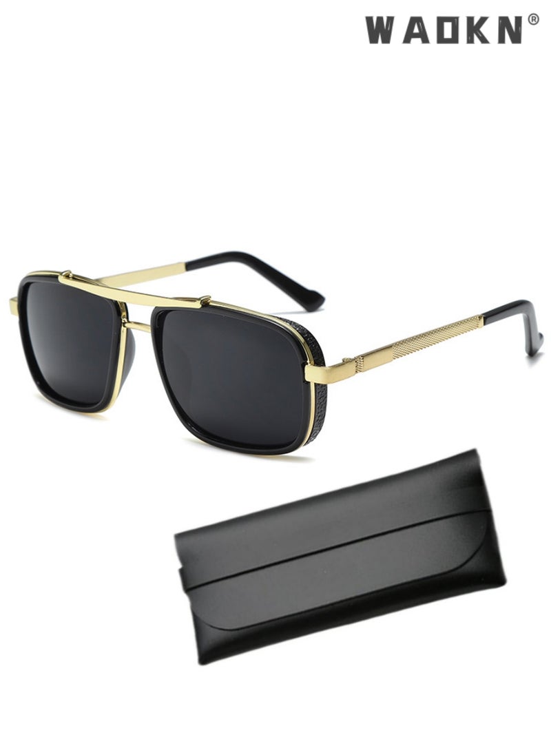WAOKN - Men's Rectangular Sunglasses Polarized Lenses UV400 Protection Aluminum Magnesium Alloy Arms with Glasses Case for Shopping Driving Riding Trekking,Driving Cycling Outdoor (Golden Black) - Image 1