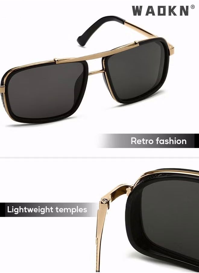 WAOKN - Men's Rectangular Sunglasses Polarized Lenses UV400 Protection Aluminum Magnesium Alloy Arms with Glasses Case for Shopping Driving Riding Trekking,Driving Cycling Outdoor (Golden Black) - Image 1