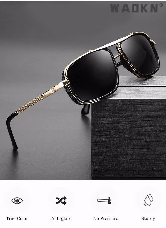 WAOKN - Men's Rectangular Sunglasses Polarized Lenses UV400 Protection Aluminum Magnesium Alloy Arms with Glasses Case for Shopping Driving Riding Trekking,Driving Cycling Outdoor (Golden Black) - Image 1
