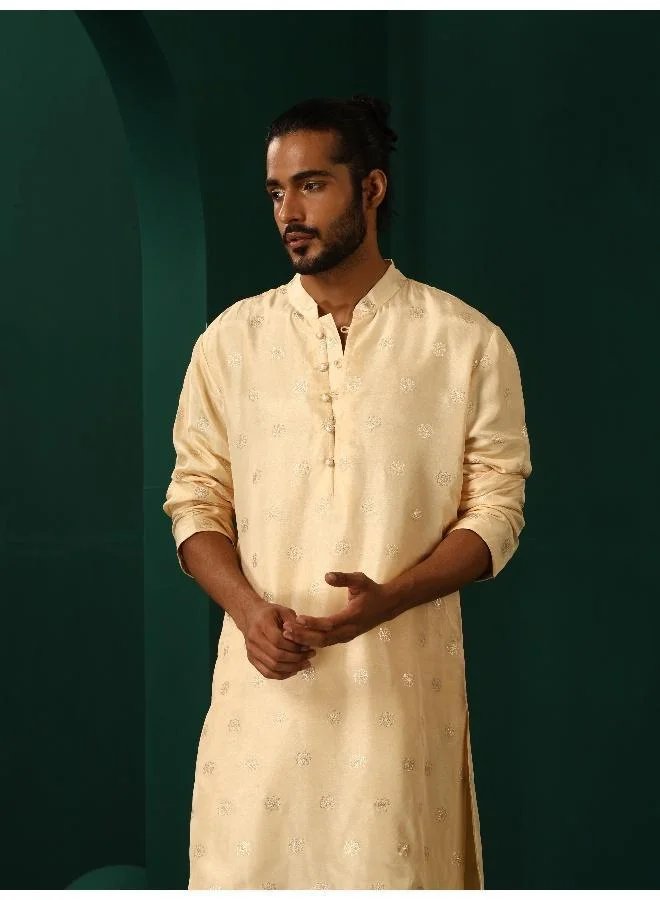 ترو برونز Men's Ivory Geometric Floral Viscose Silk Long Kurta