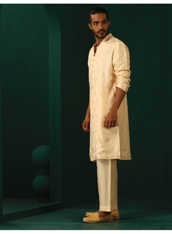 trueBrowns Men's Ivory Geometric Floral Viscose Silk Long Kurta  - Image 1