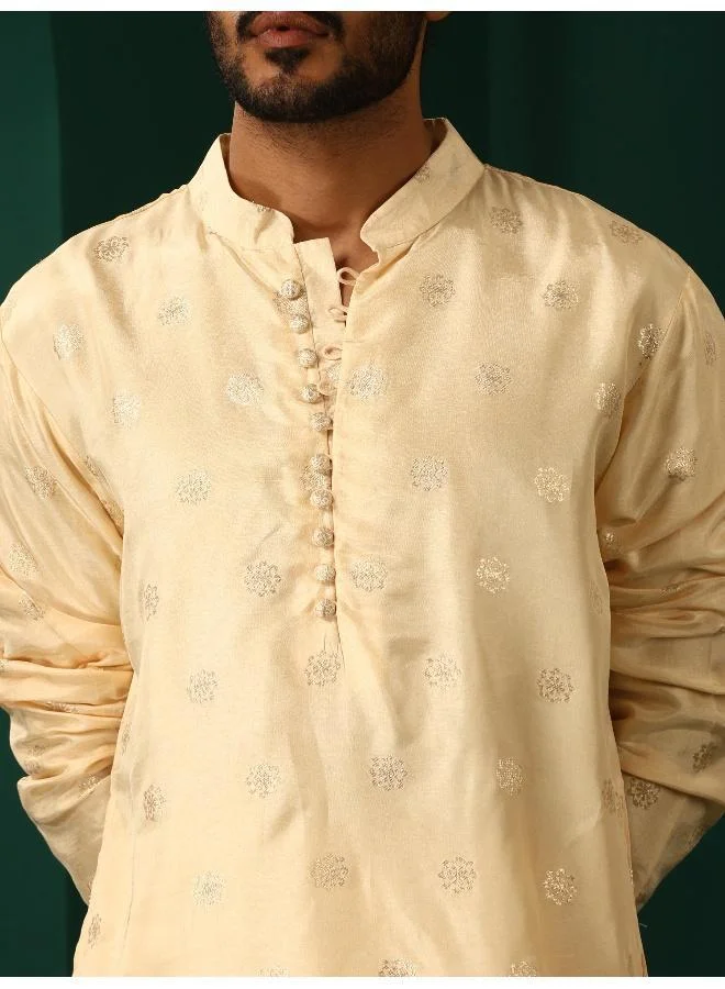 ترو برونز Men's Ivory Geometric Floral Viscose Silk Long Kurta