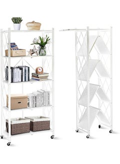 5 Tier Thickened Foldable Storage Rack With Wheels No Assembly Large Capacity Shelves Heavy Duty Metal Shelving Unit Rolling Cart for Garage Kitchen Basement Pantry(White  5-Tier 70*35*160cm)