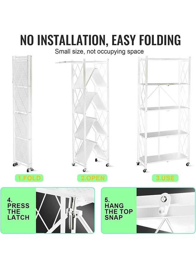 Beauenty - 5 Tier Thickened Foldable Storage Rack With Wheels No Assembly Large Capacity Shelves Heavy Duty Metal Shelving Unit Rolling Cart for Garage Kitchen Basement Pantry(White  5-Tier 70*35*160cm) - Image 1