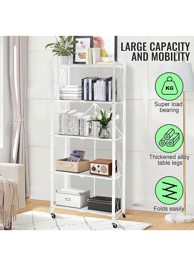 Beauenty - 5 Tier Thickened Foldable Storage Rack With Wheels No Assembly Large Capacity Shelves Heavy Duty Metal Shelving Unit Rolling Cart for Garage Kitchen Basement Pantry(White  5-Tier 70*35*160cm) - Image 1