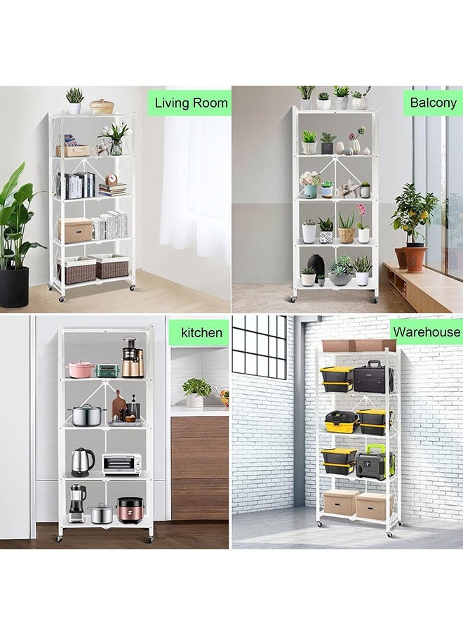 Beauenty - 5 Tier Thickened Foldable Storage Rack With Wheels No Assembly Large Capacity Shelves Heavy Duty Metal Shelving Unit Rolling Cart for Garage Kitchen Basement Pantry(White  5-Tier 70*35*160cm) - Image 1